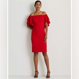 Betsy & Adam Red Ruffle Sleeve Off-the-Shoulder Sheath Dress, size 6